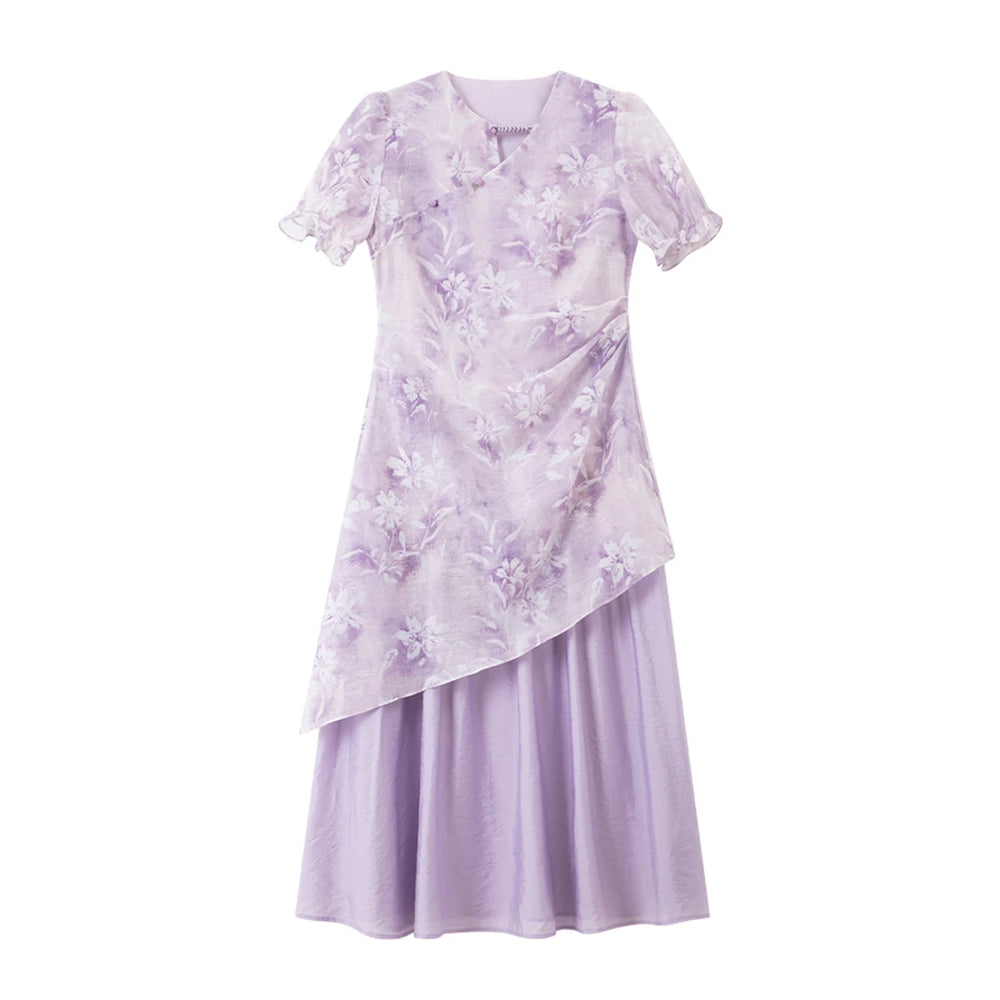 Asymmetric Floral Layered Midi Dress