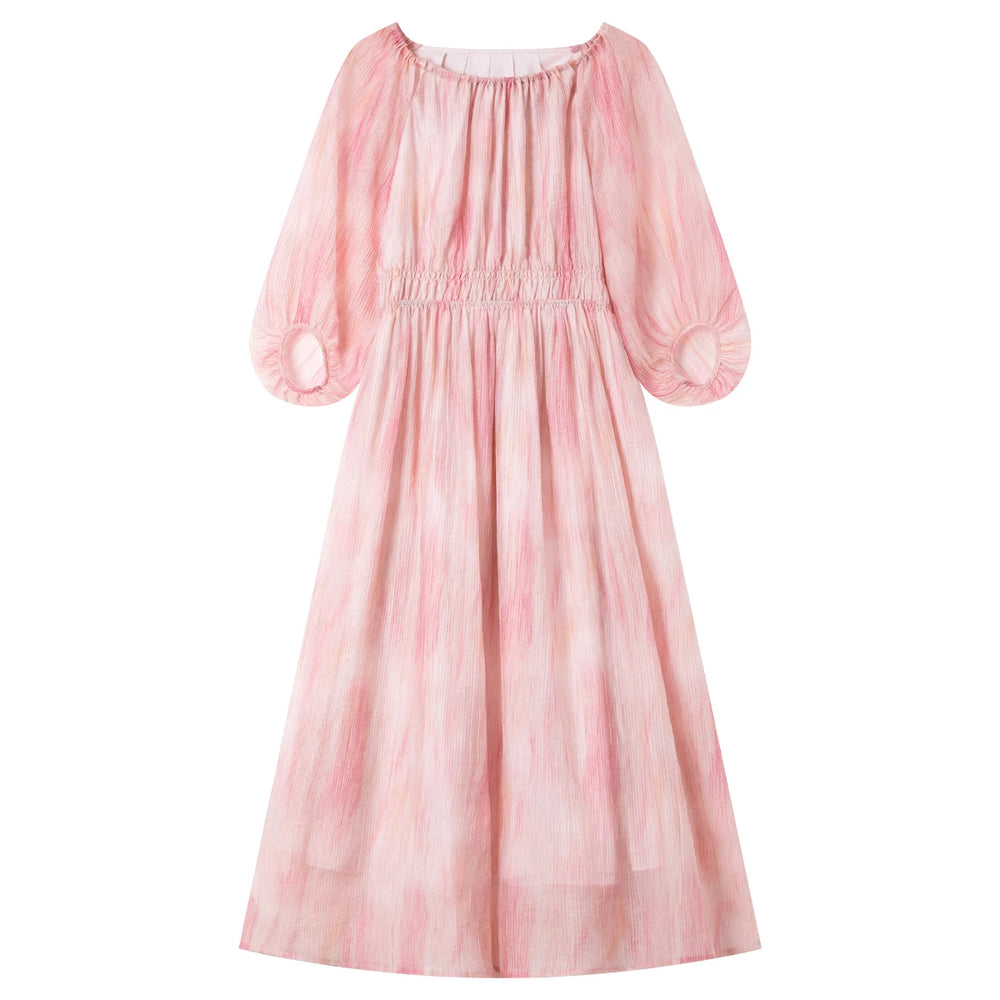 Smudged-Print Puff-Sleeve Midi Dress