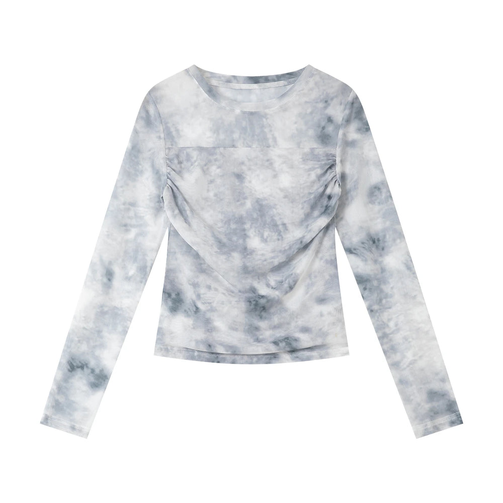 Abstract Mesh Ruched Long-Sleeve Top