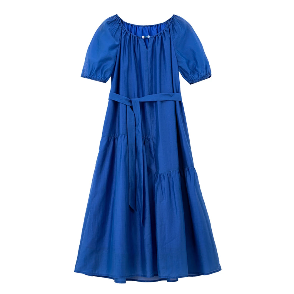 Belted Puff-Sleeve Midi Dress