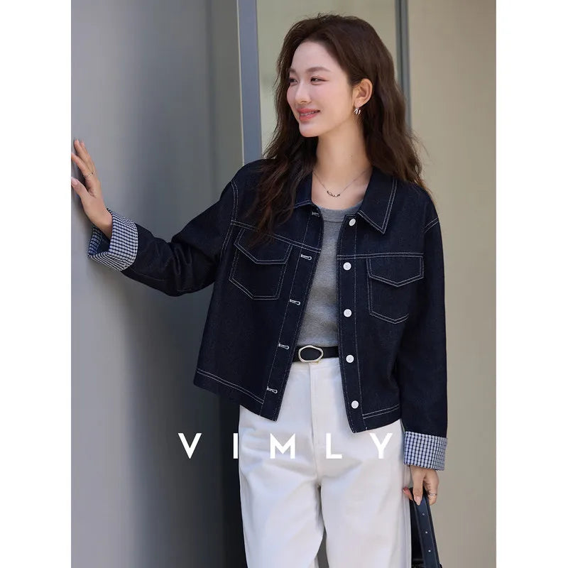 Contrast-Cuff Cropped Denim Jacket
