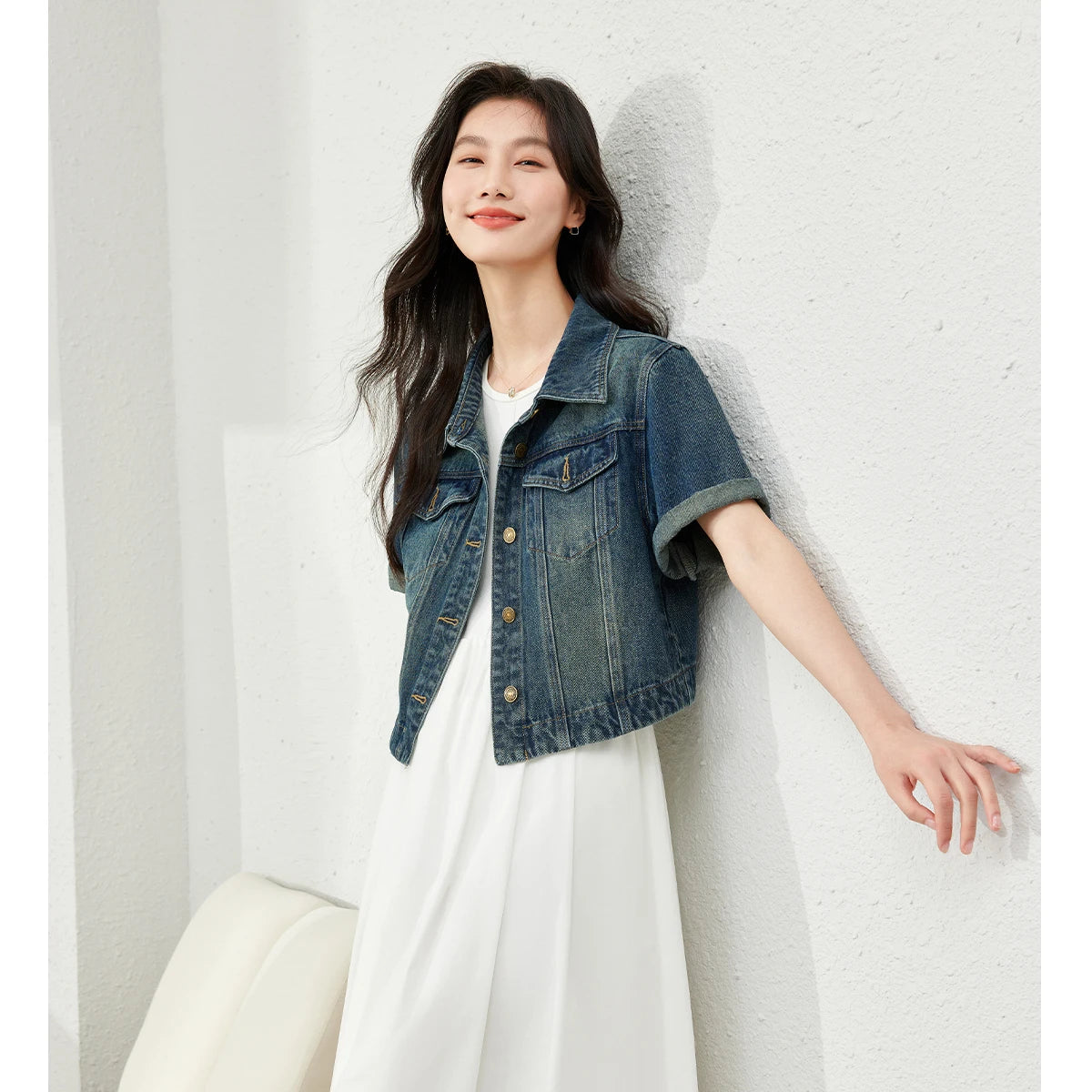 Short-Sleeve Cropped Denim Jacket
