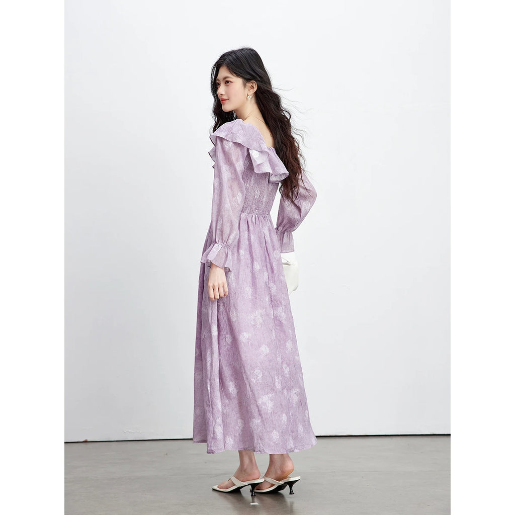 Floral Ruffle-Collar Midi Dress