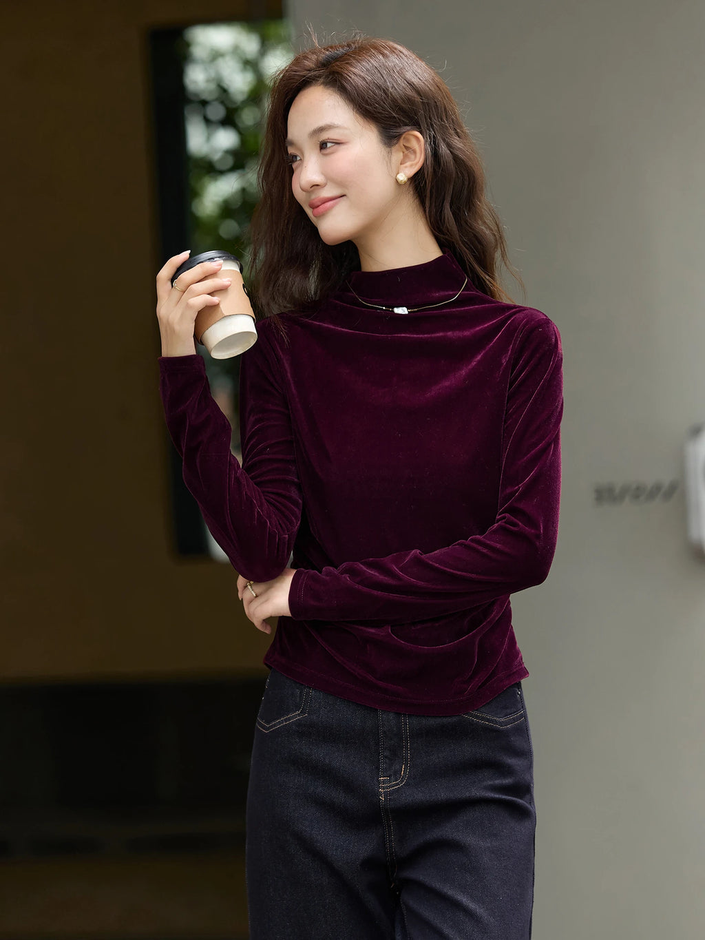 Velvet Ruched Mock-Neck Top