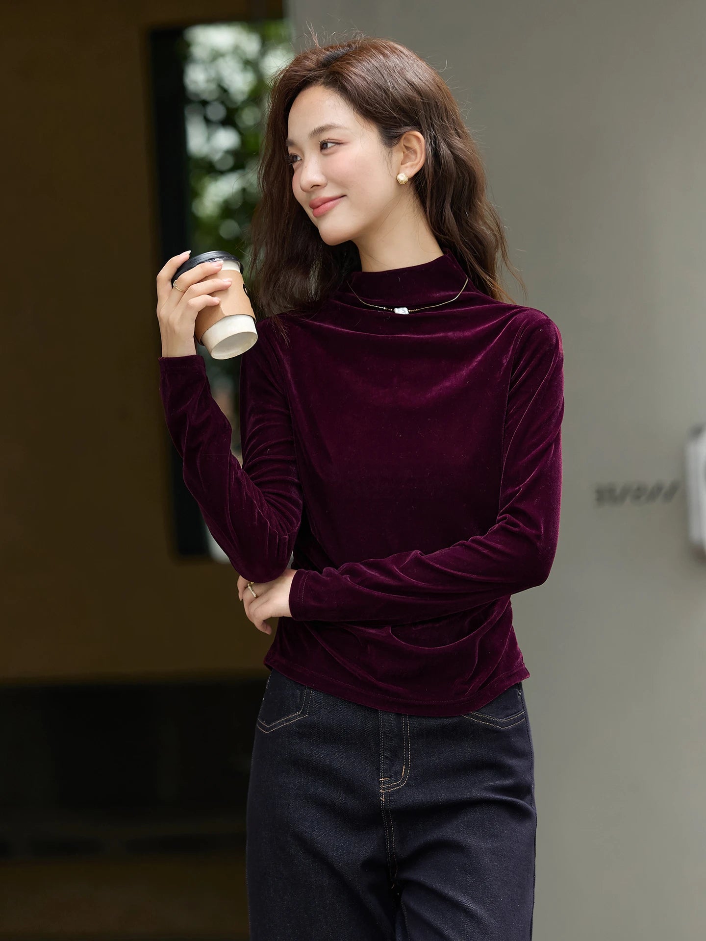 Velvet Ruched Mock-Neck Top