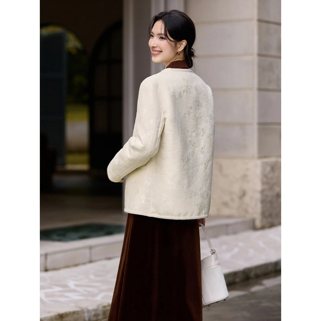 Jacquard Frog-Button Collarless Jacket