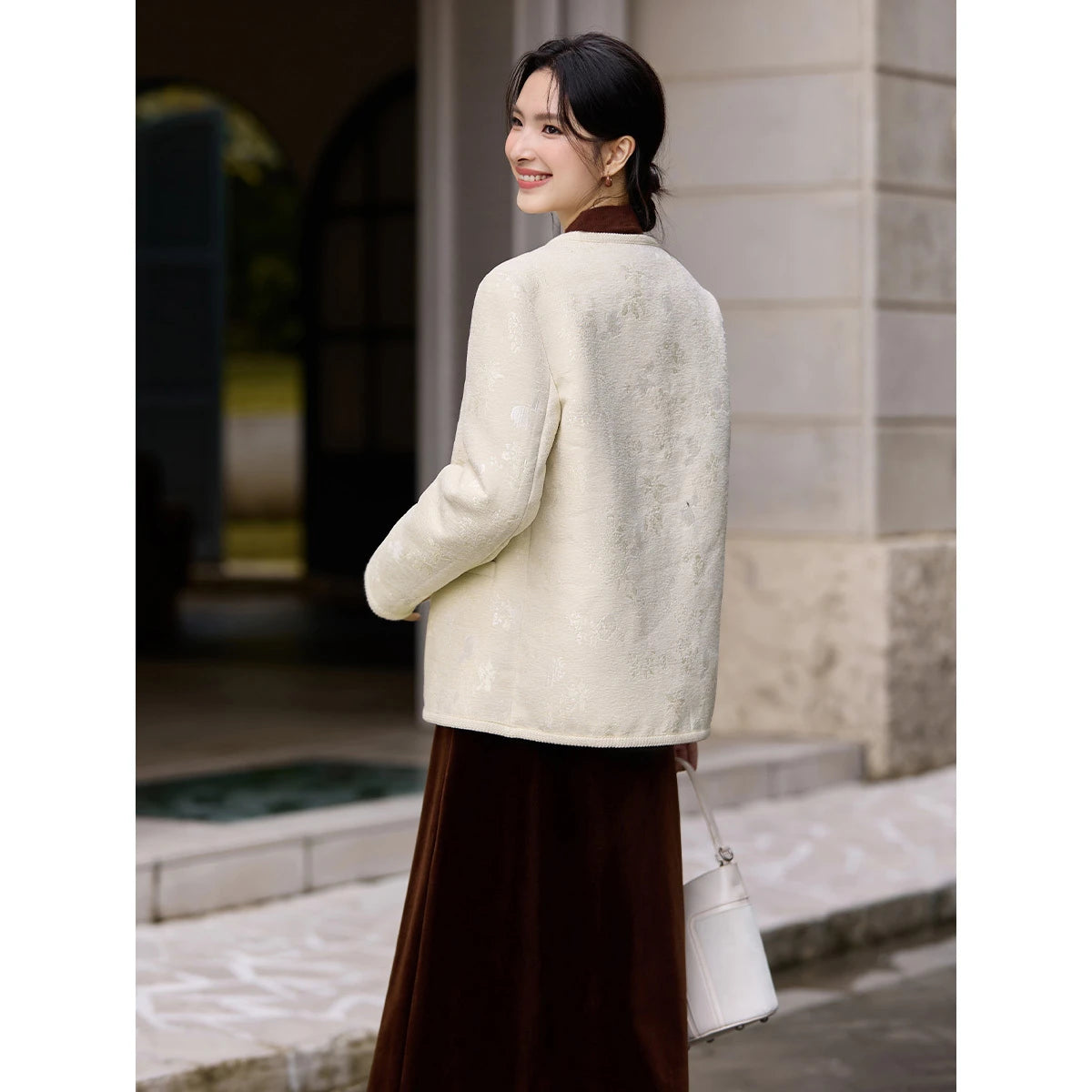 Jacquard Frog-Button Collarless Jacket
