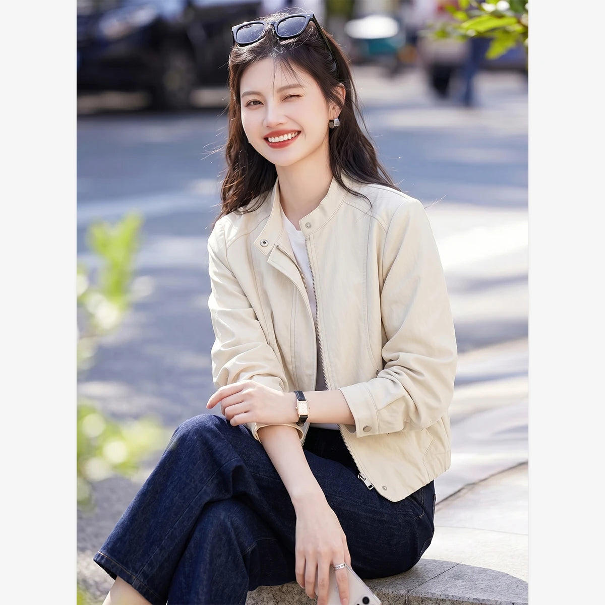 Zip-Front Cropped Collarless Jacket