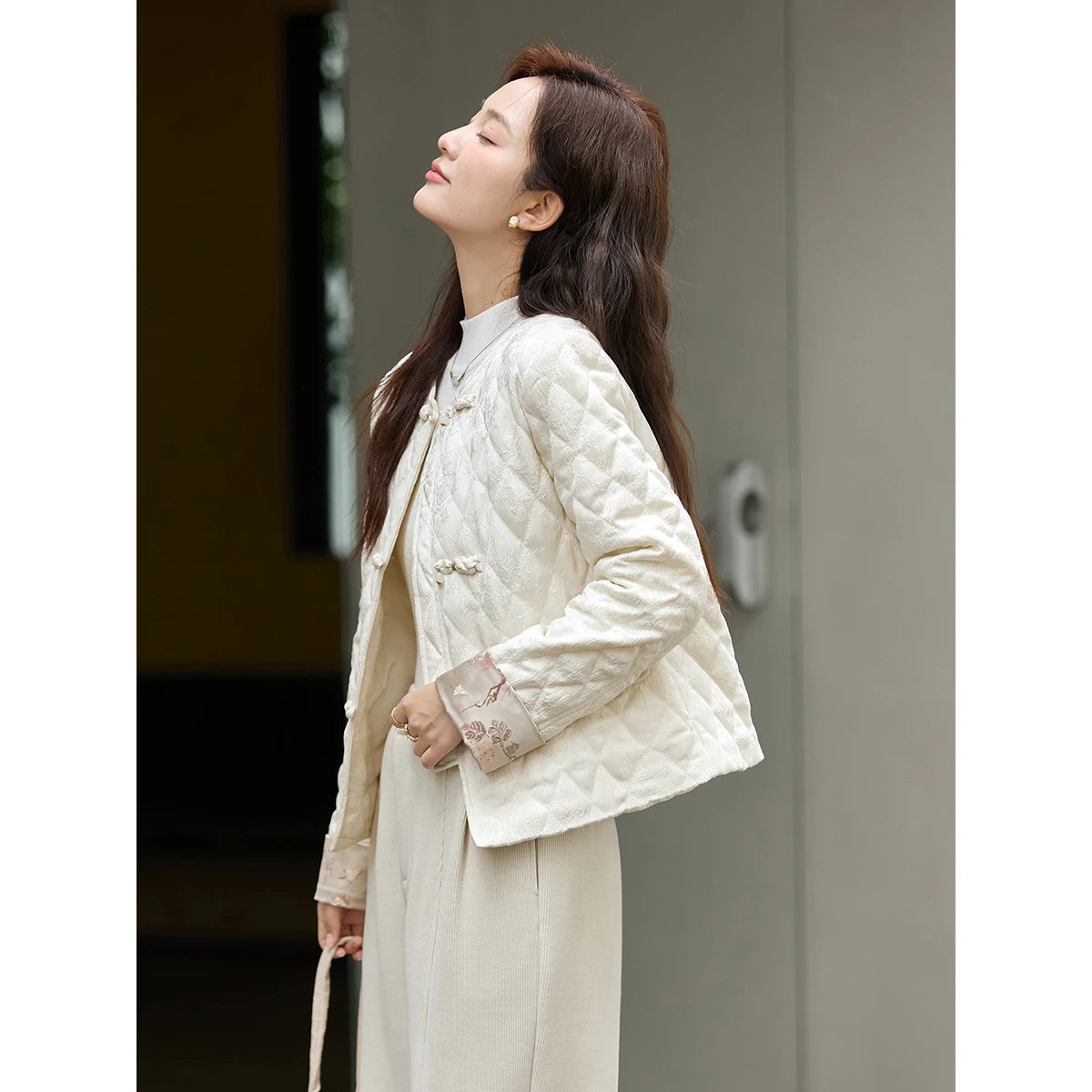 Frog-Button Quilted Collarless Jacket