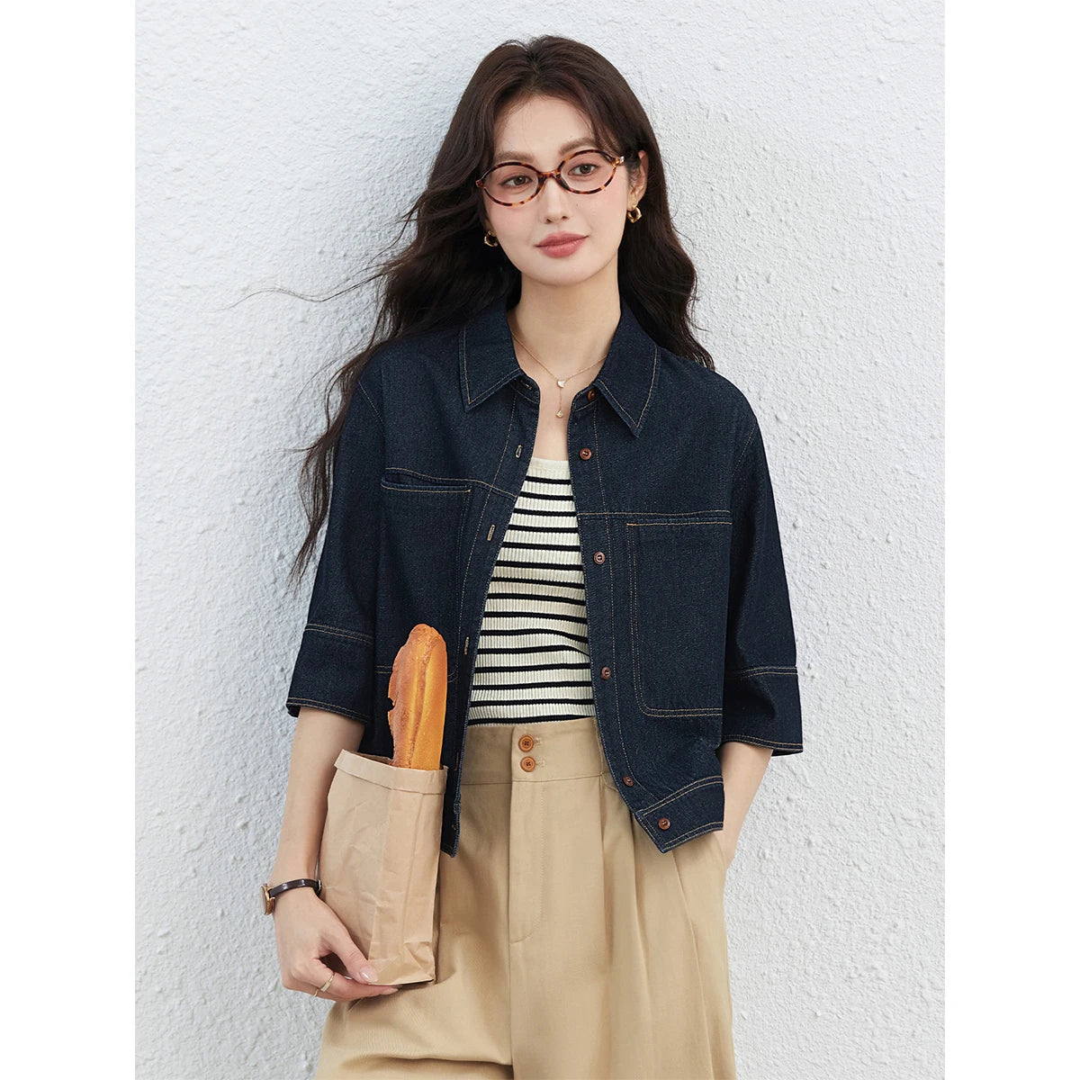 Contrast-Stitch Short-Sleeve Denim Jacket
