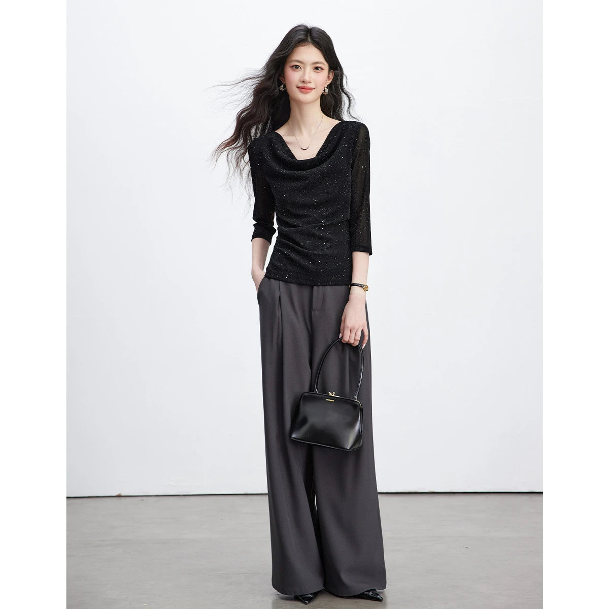 Shimmer Cowl-Neck Short-Sleeve Top