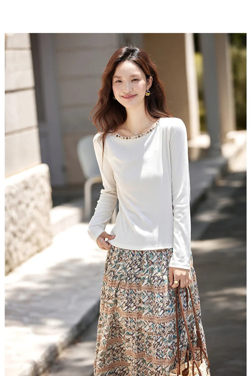 Beaded Boat-Neck Long-Sleeve Tee