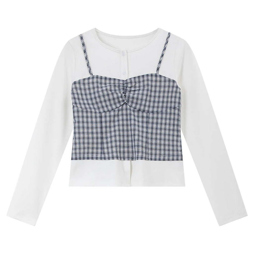 Layered Plaid Bustier Long-Sleeve Top