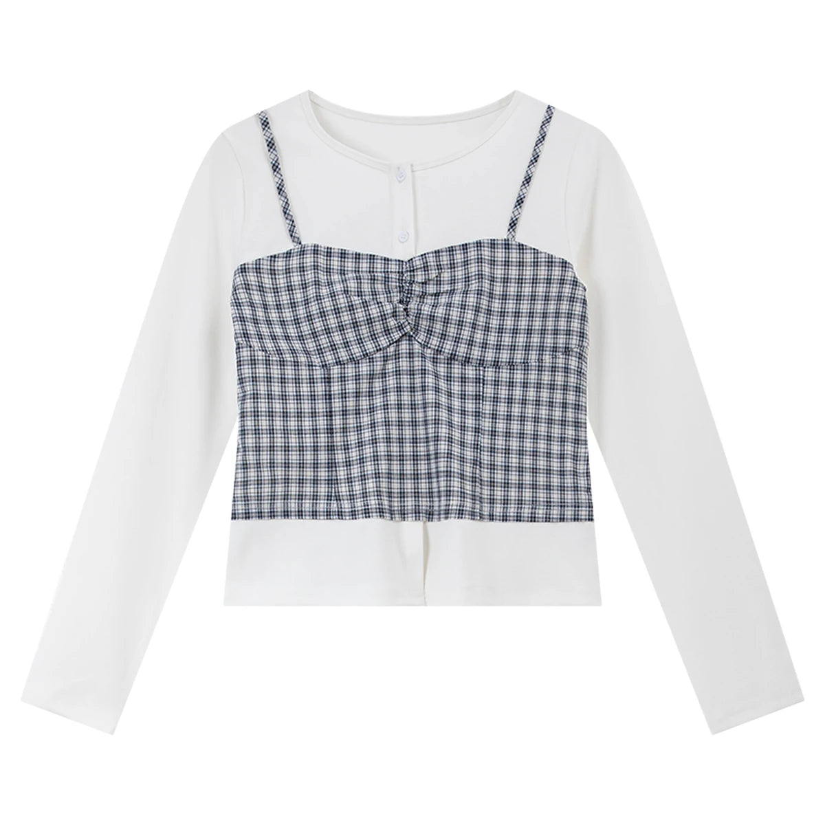 Layered Plaid Bustier Long-Sleeve Top