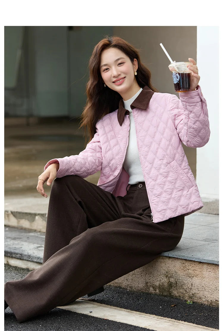 Contrast-Collar Quilted Zip Jacket