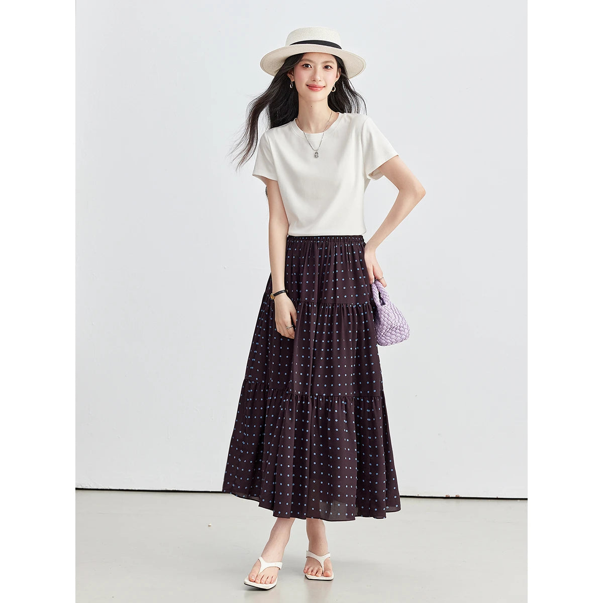 Polka-Dot Tiered Midi Skirt