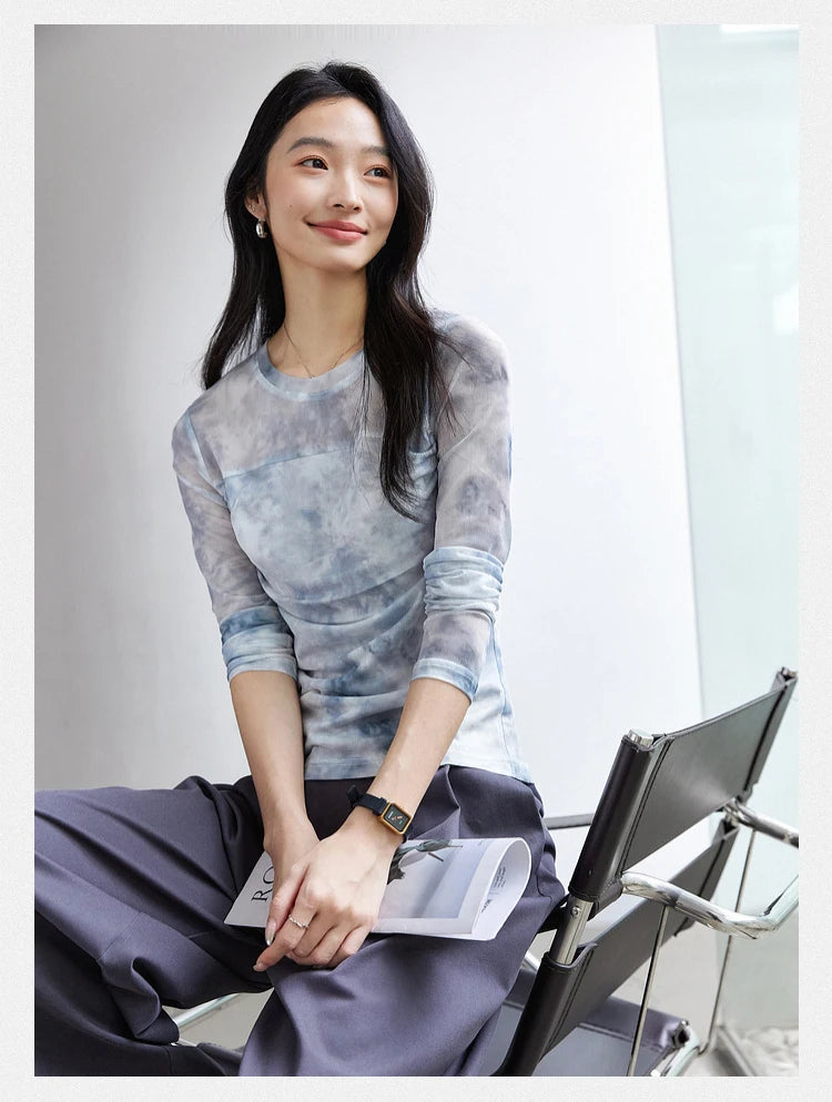 Abstract Mesh Ruched Long-Sleeve Top