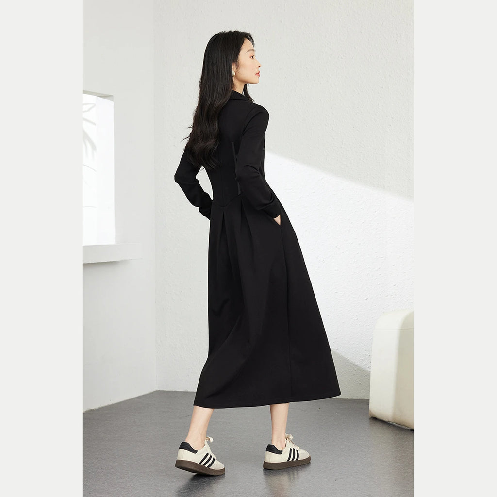 Contrast-Piping Zip-Front Midi Dress
