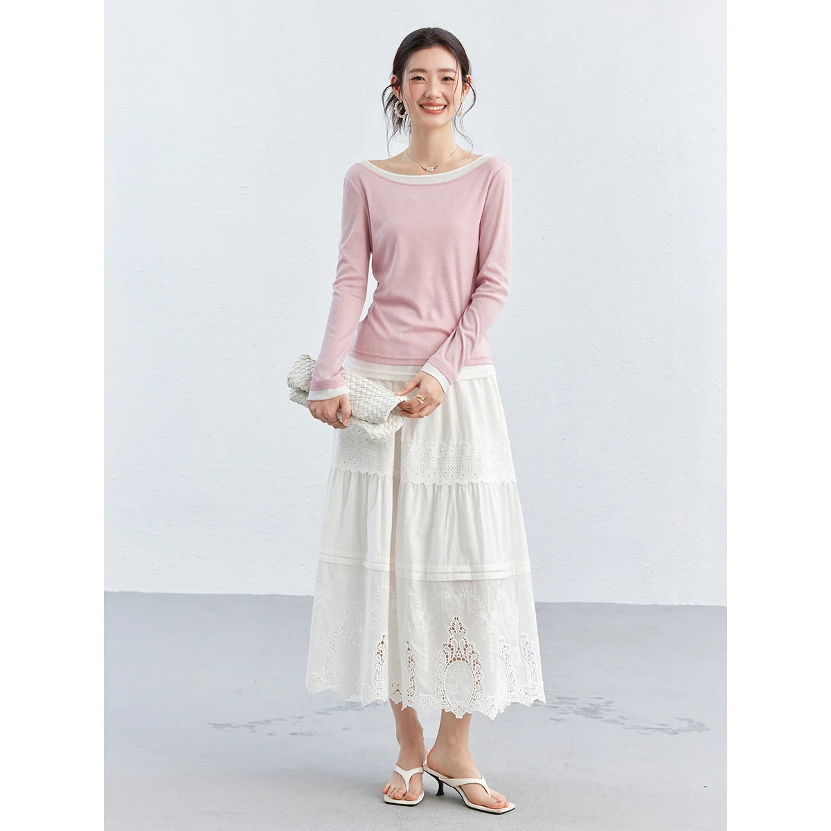 Eyelet-Hem Tiered Midi Skirt