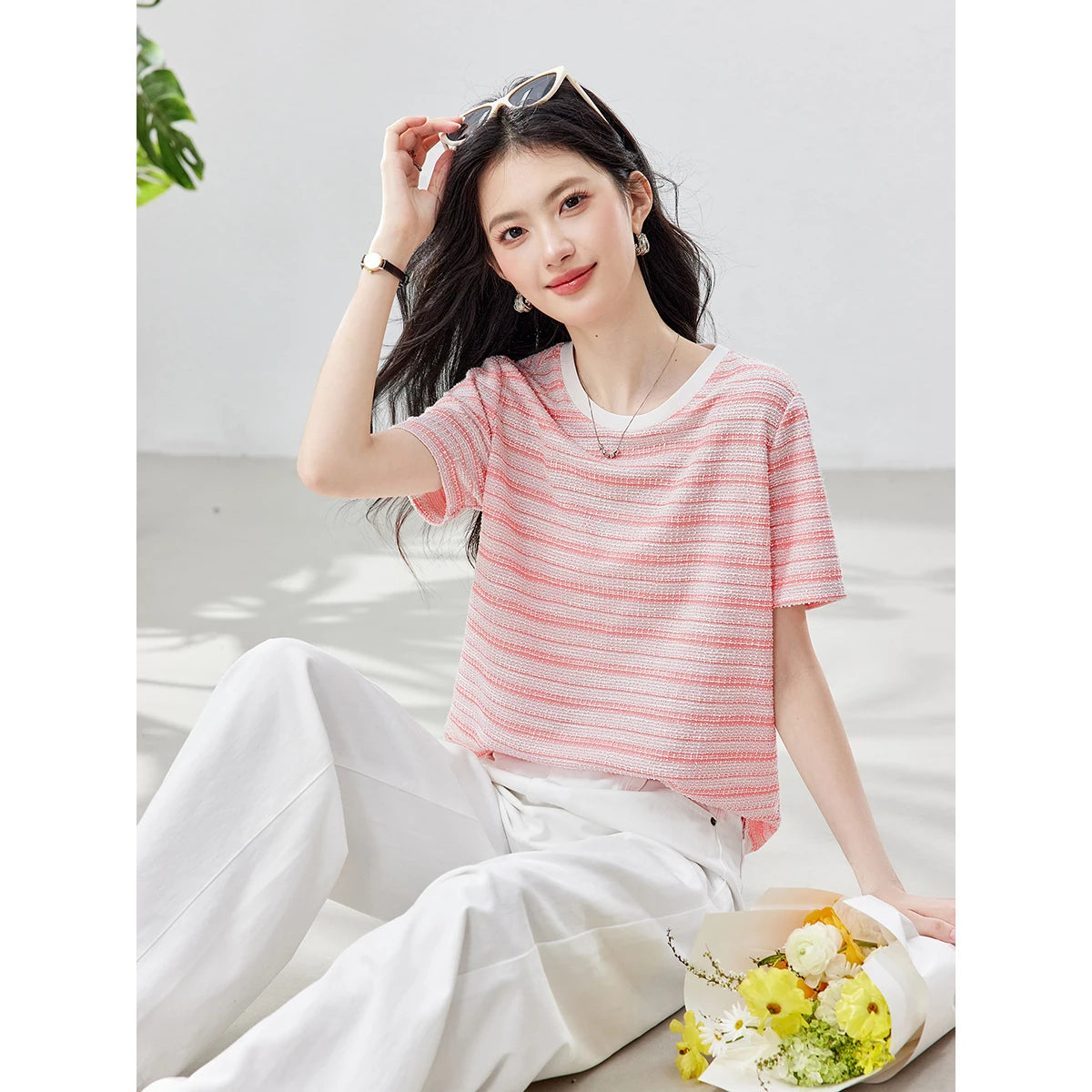 Ribbed Striped Crew-Neck Tee