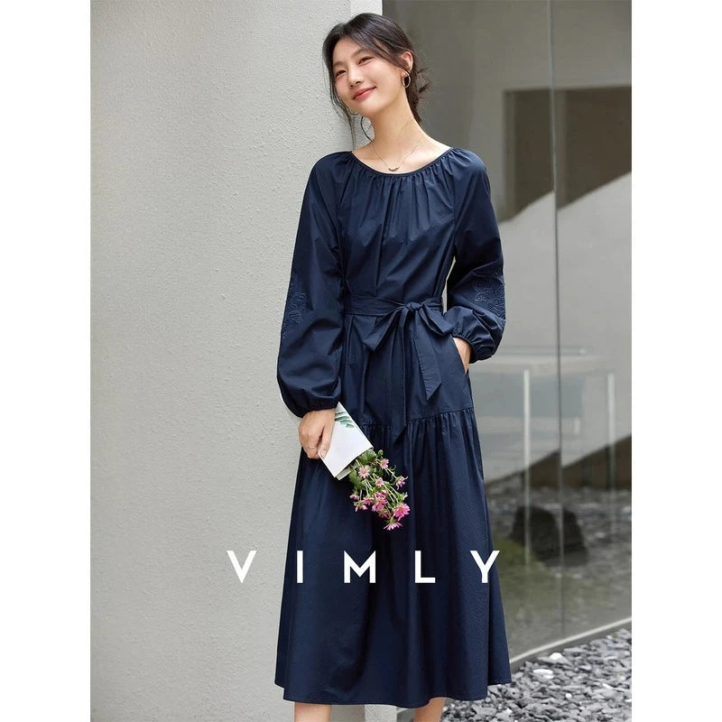 Tie-Waist Balloon-Sleeve Midi Dress