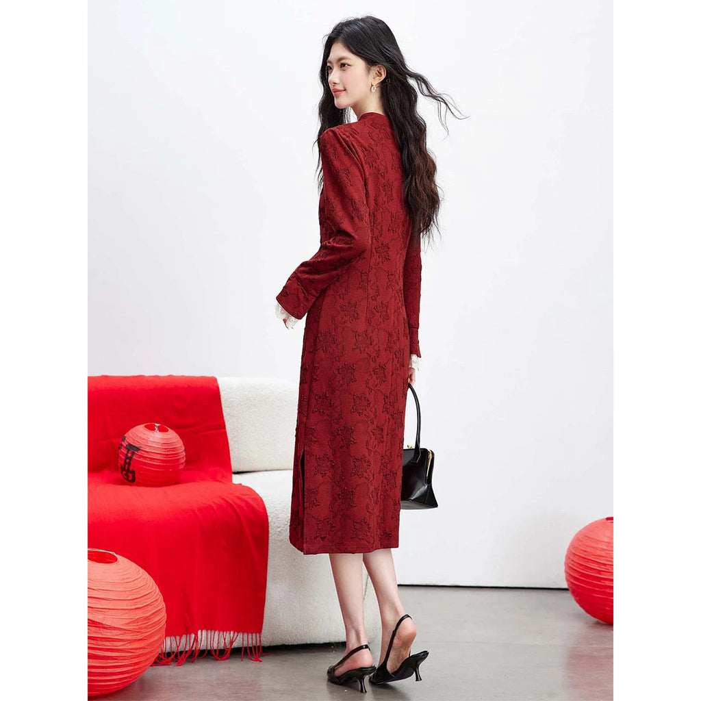Jacquard Mandarin-Collar Midi Dress