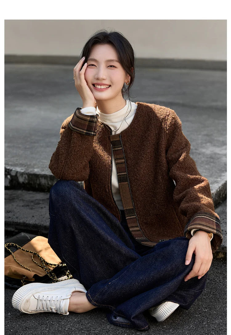 Plaid-Cuff Zip-Front Collarless Jacket