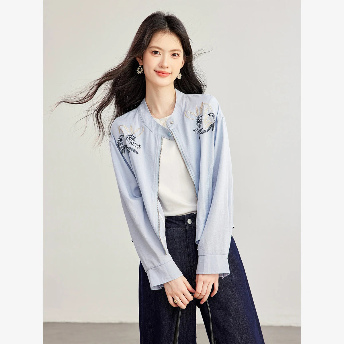 Embroidered Zip-Front Bomber Jacket