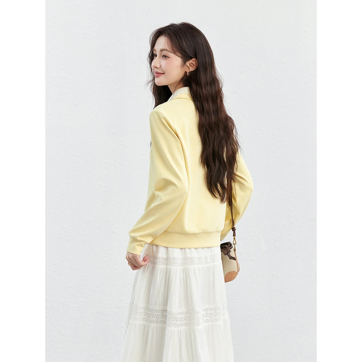 Lace-Collar Long-Sleeve Polo Sweatshirt