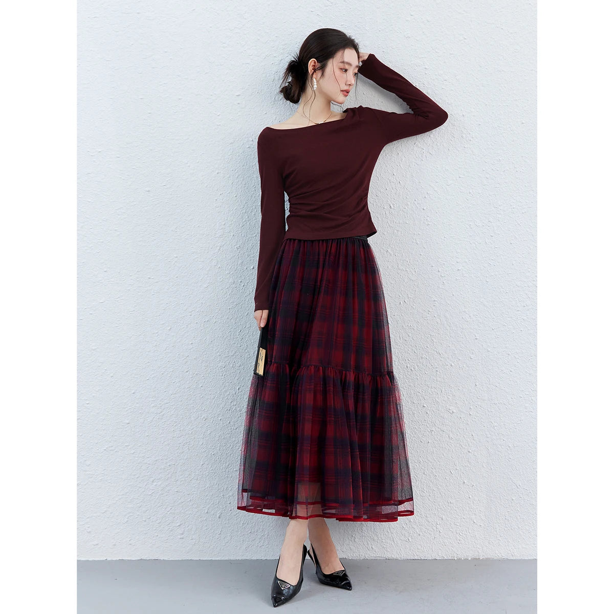 Plaid Mesh Tiered Midi Skirt