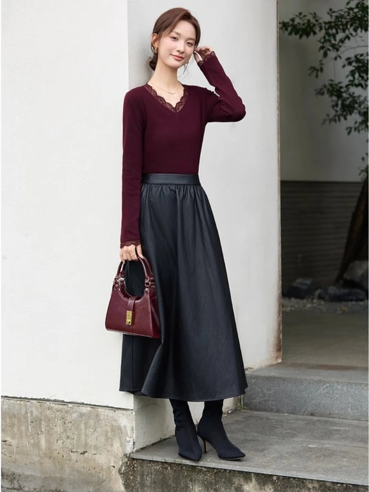Lace-Trim V-Neck Knit Top