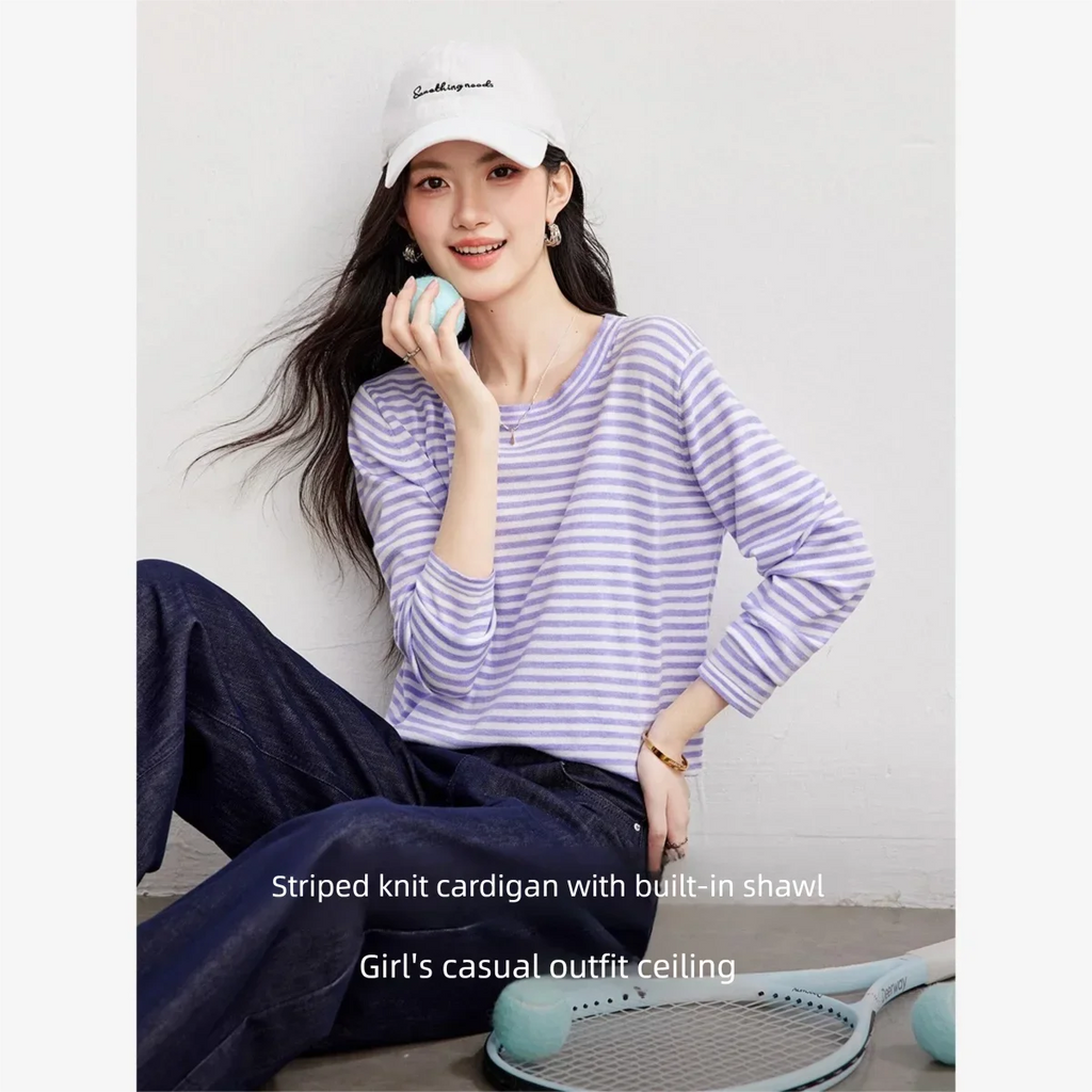 Striped Scarf-Detail Long-Sleeve Top