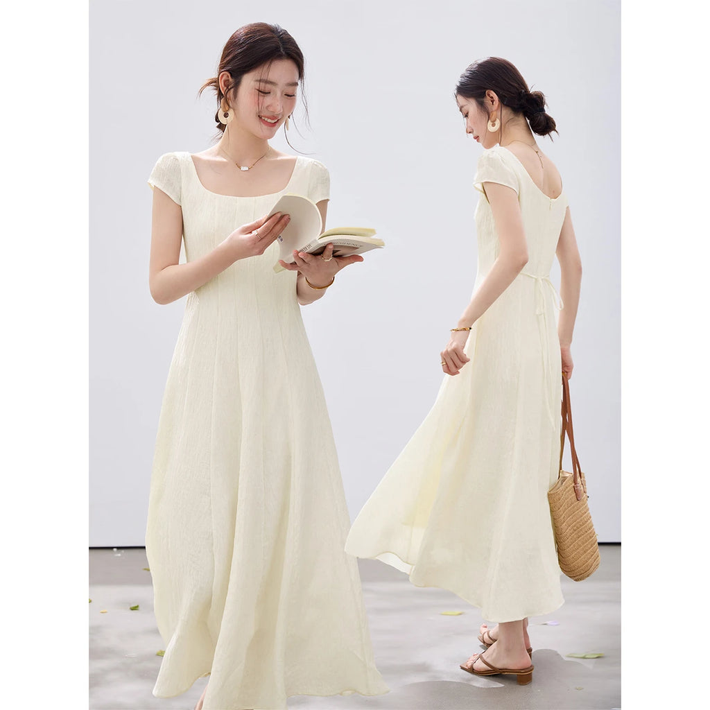 Square-Neck Puff-Sleeve Maxi Dress