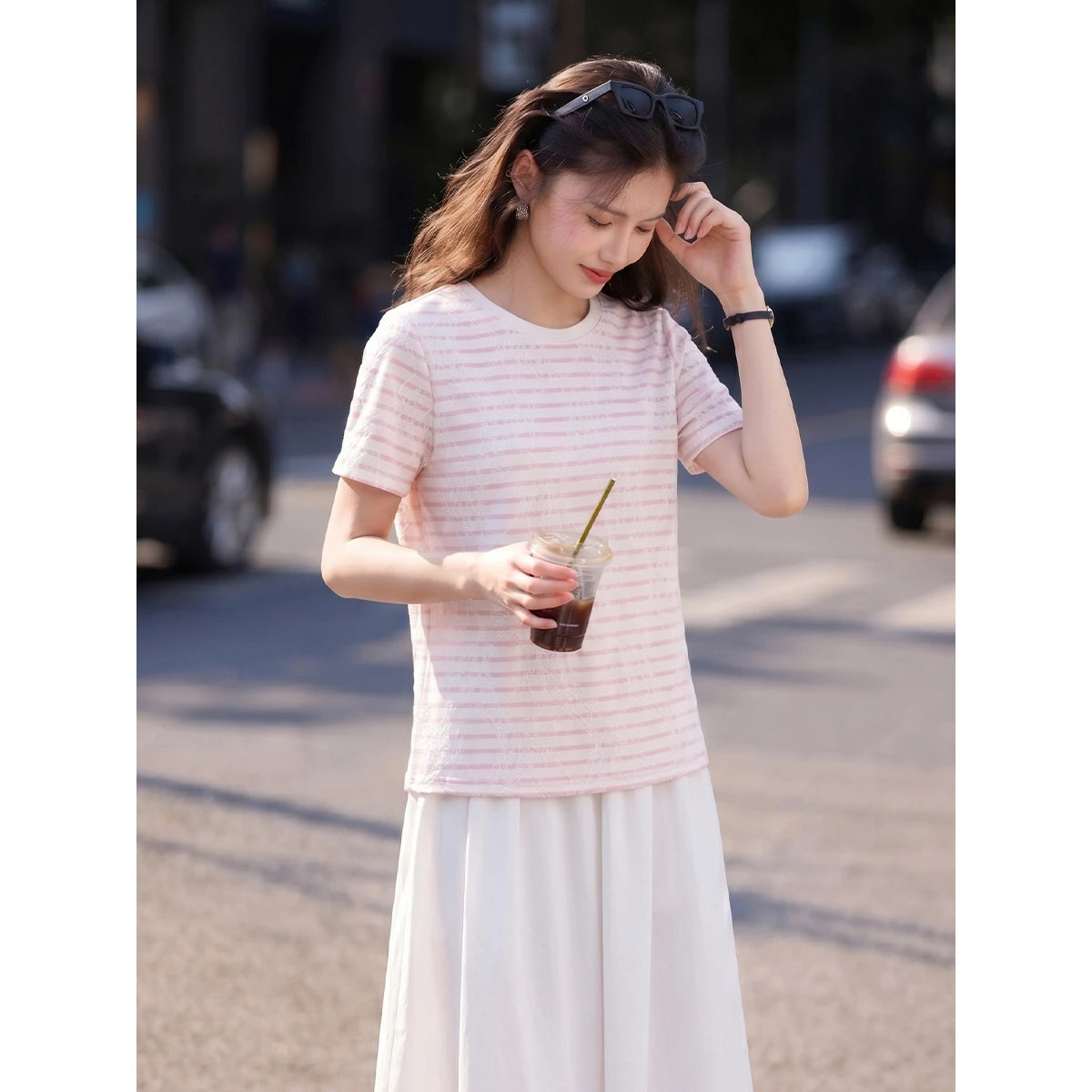 Lace-Stripe Crew-Neck Tee