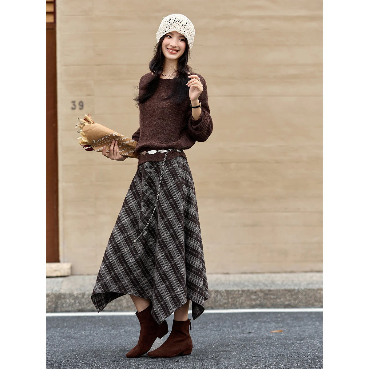 Asymmetric Plaid Midi Skirt