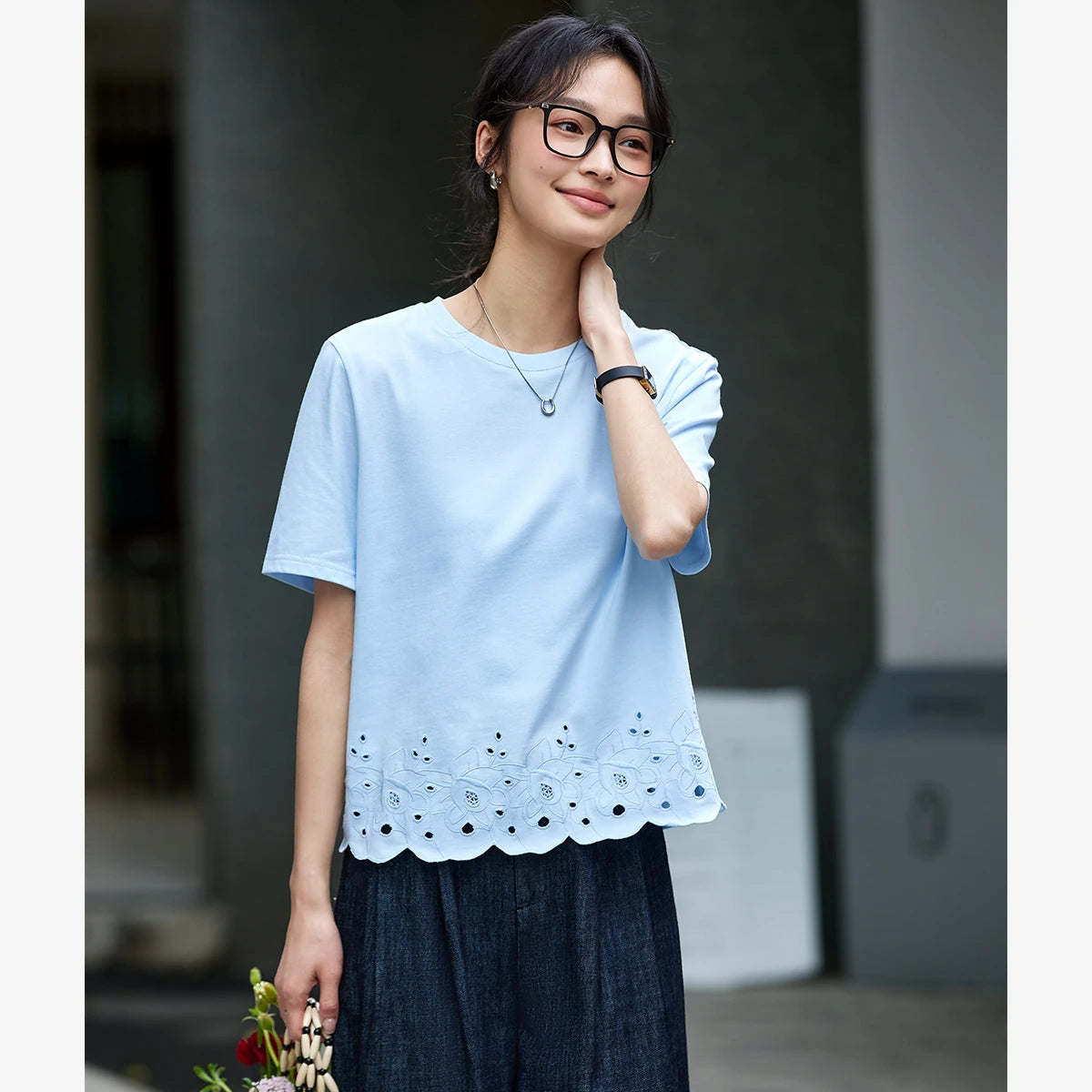Eyelet-Hem Long-Sleeve Tee