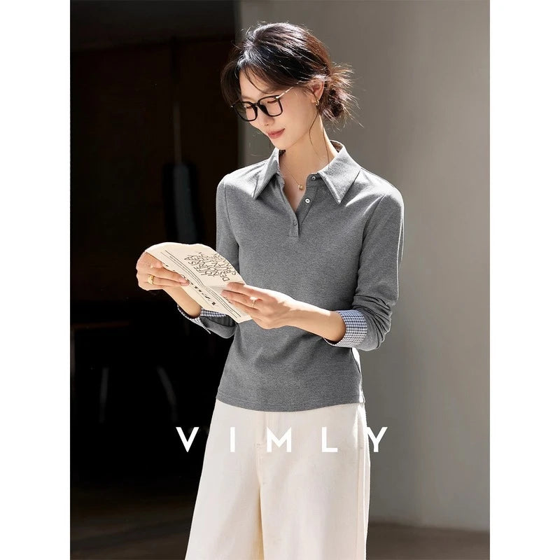 Contrast-Cuff Collared Long-Sleeve Top
