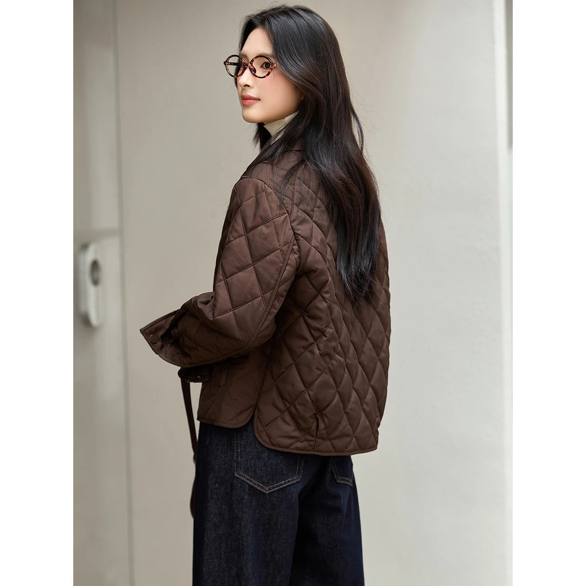 Contrast-Collar Quilted Cropped Jacket
