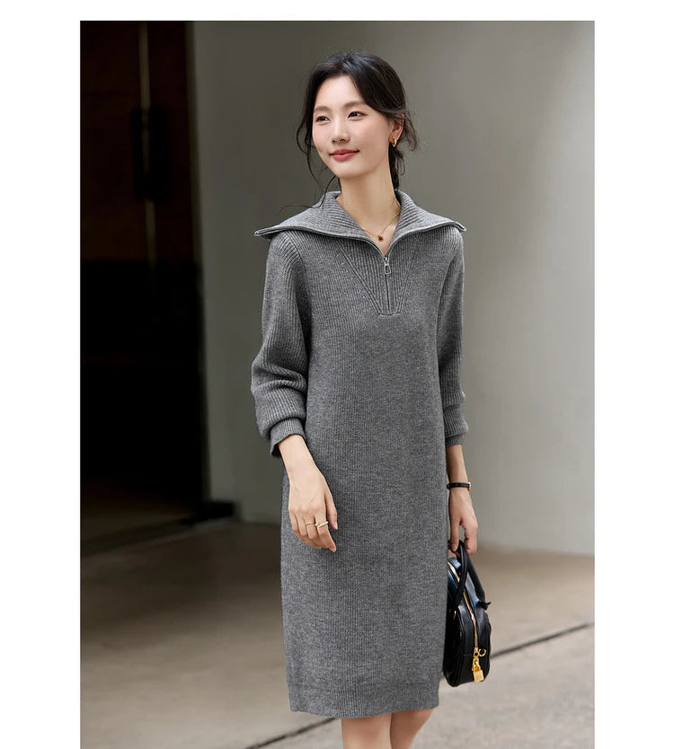 Half-Zip Collared Knit Midi Dress