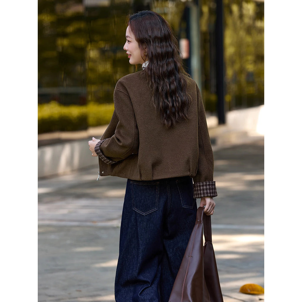 Contrast-Cuff Collarless Jacket