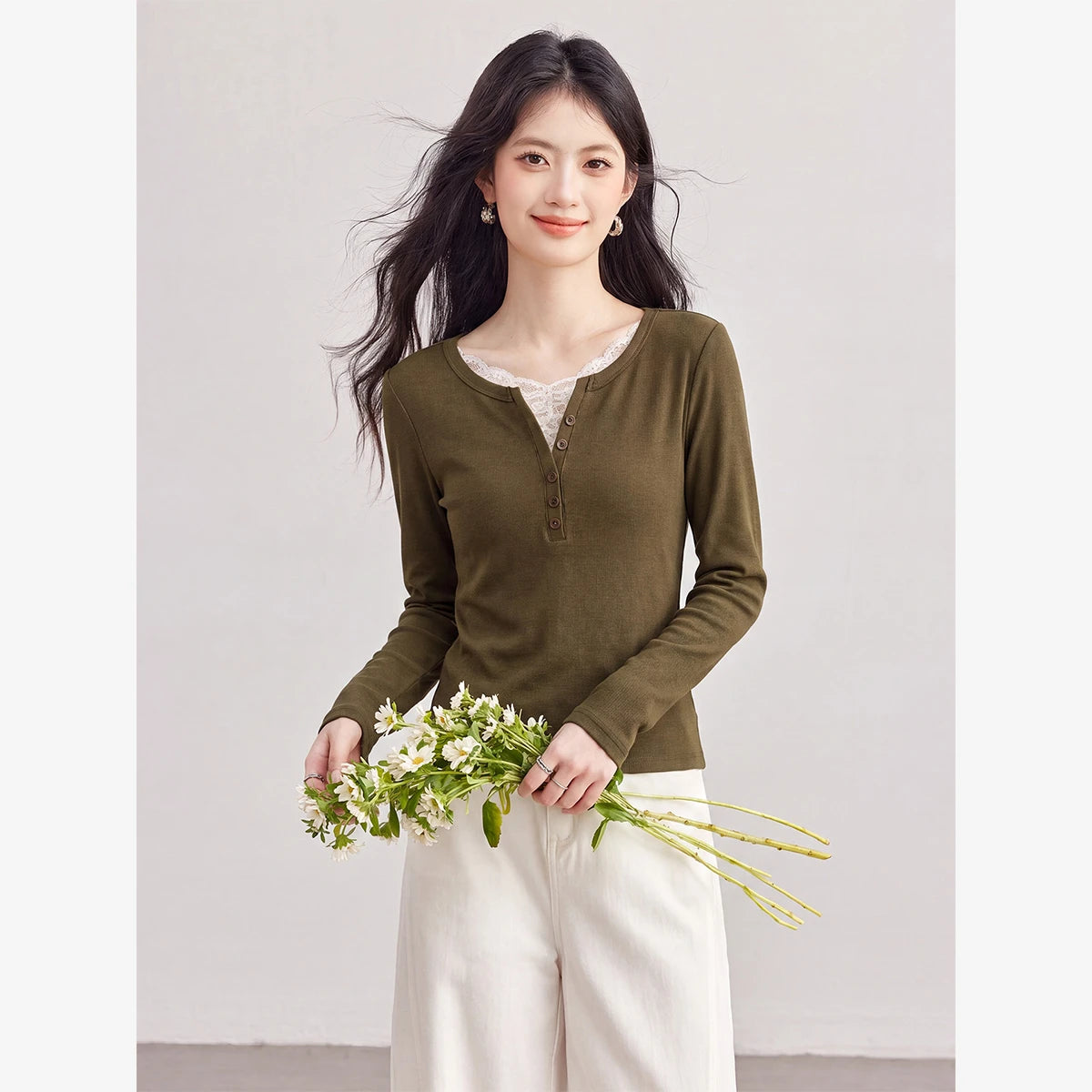 Lace-Trim Henley Long-Sleeve Top