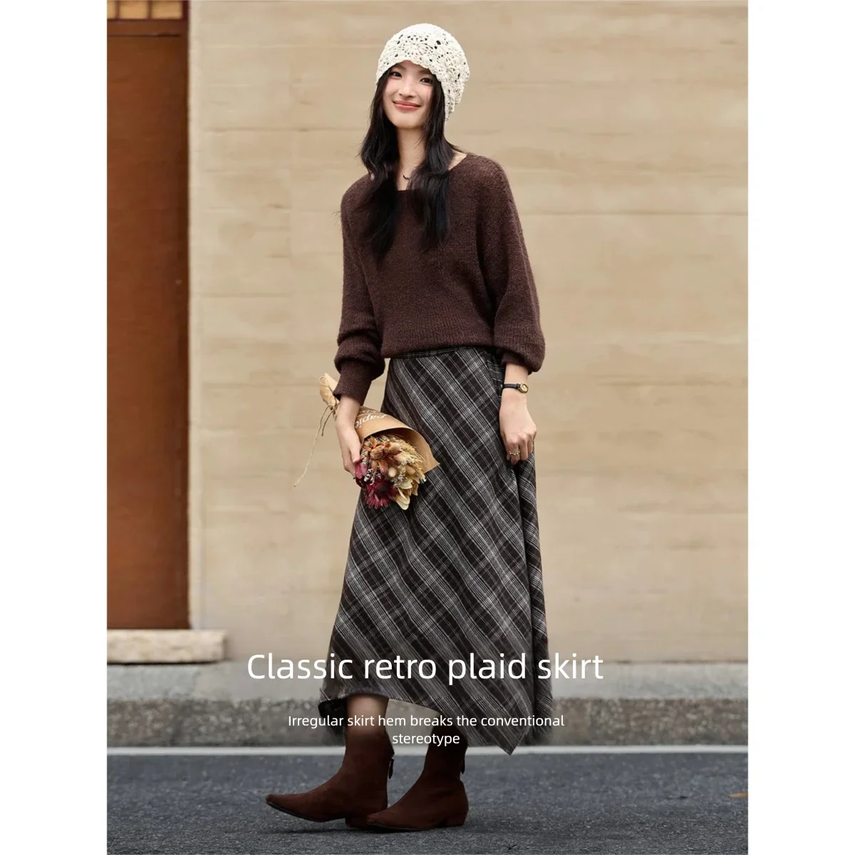 Handkerchief-Hem Plaid Midi Skirt
