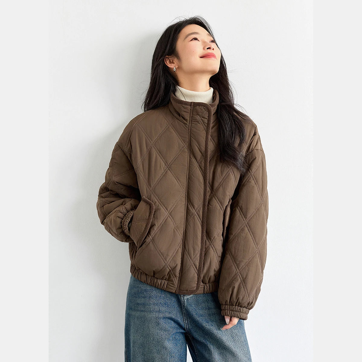 Stand-Collar Quilted Bomber Jacket