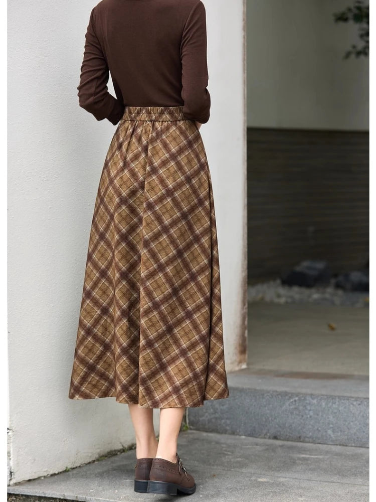 Plaid Box-Pleat Midi Skirt