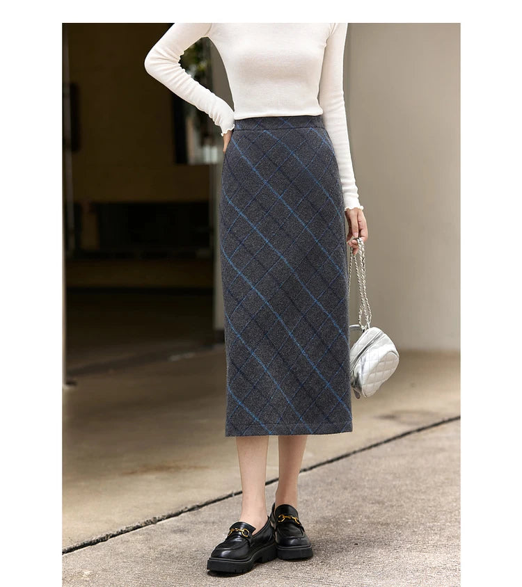 Windowpane Plaid Midi Skirt
