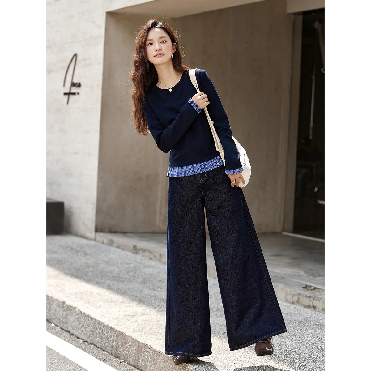 Pleated-Hem Long-Sleeve Tee