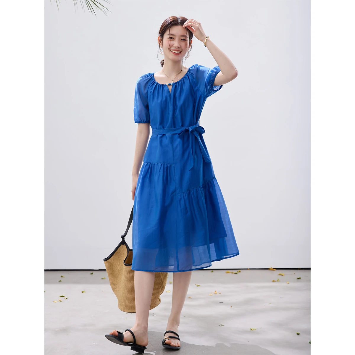 Belted Puff-Sleeve Midi Dress