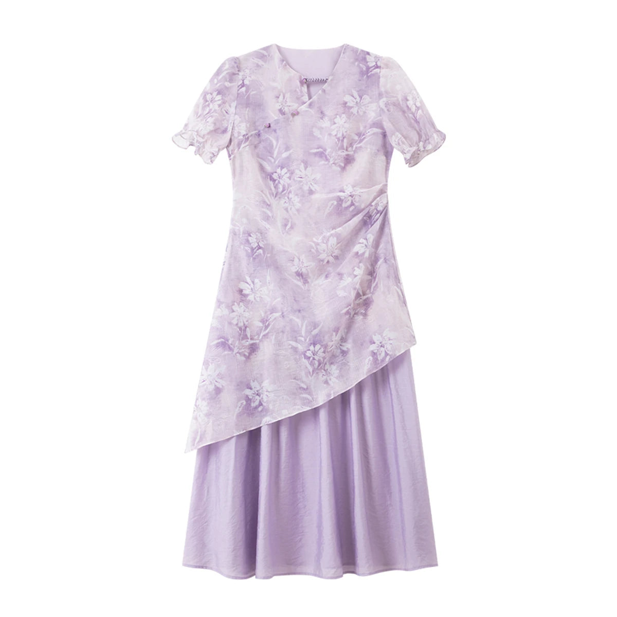 Asymmetric Floral Layered Midi Dress