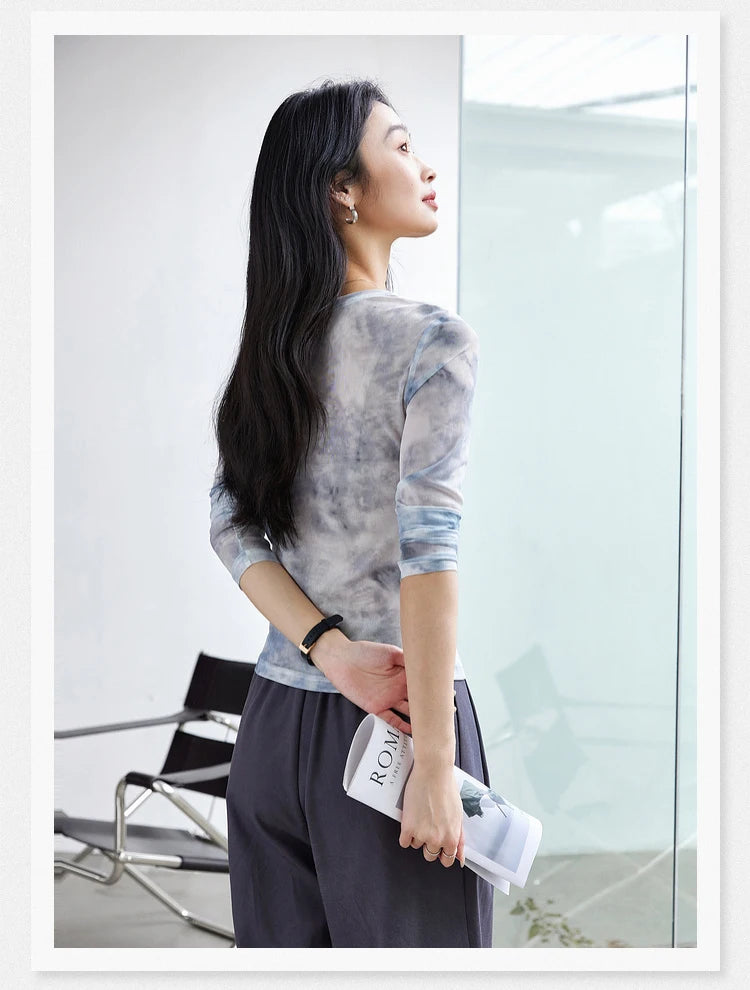 Abstract Mesh Ruched Long-Sleeve Top