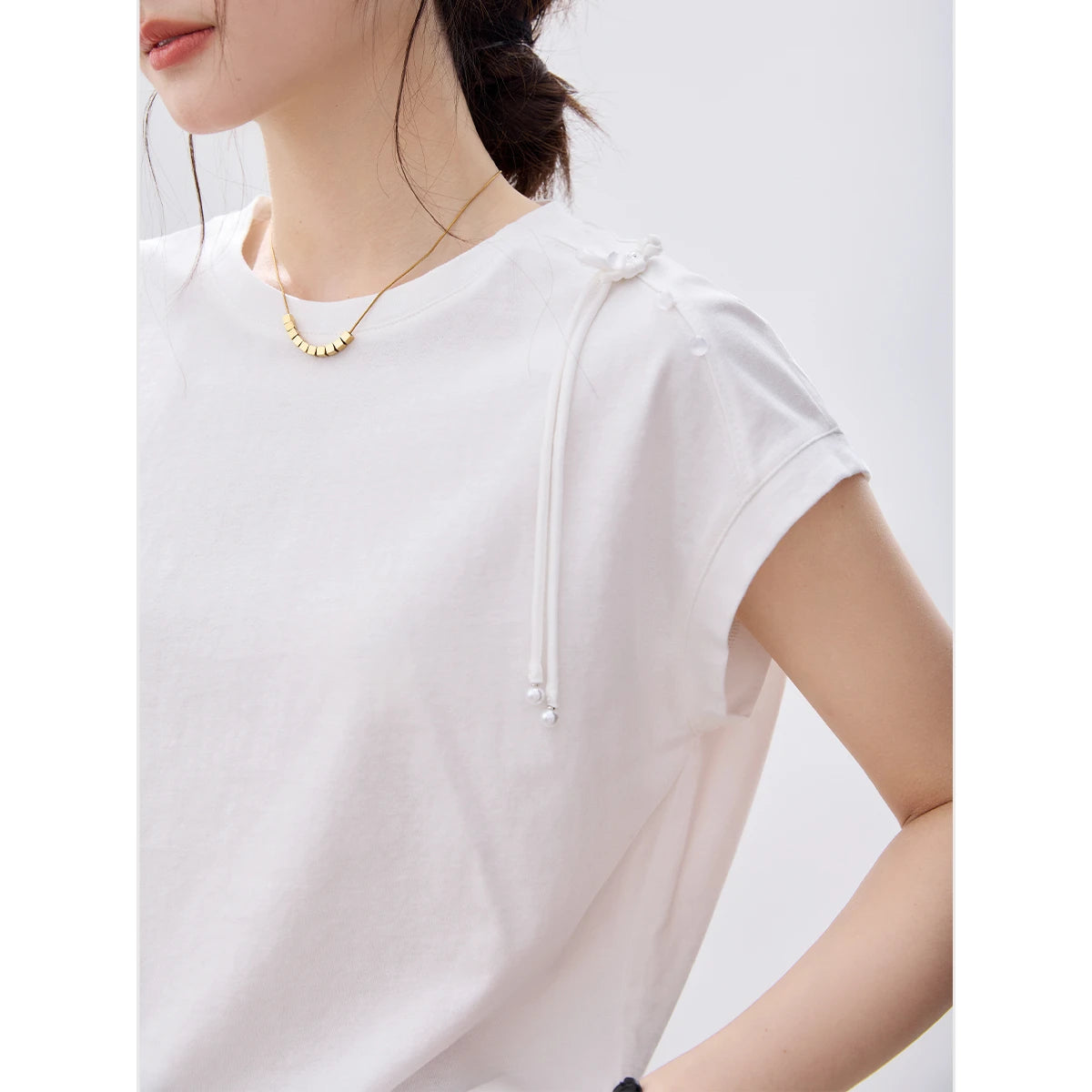 Asymmetric Frog-Button Cap-Sleeve Tee